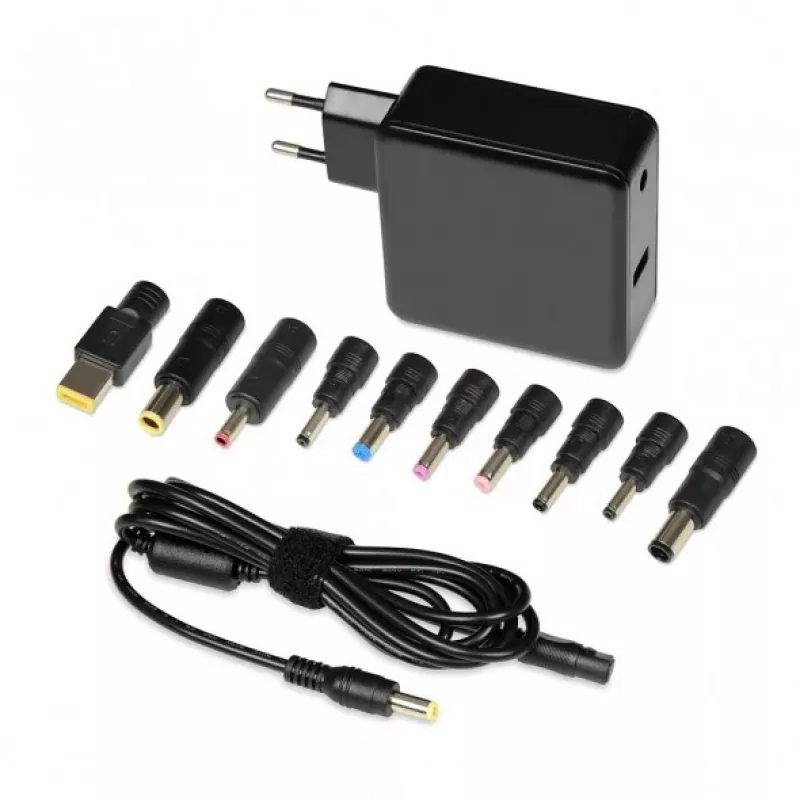 Portatīvā datora barošanas adapteris IBOX IUZ65WA, AC-DC automātisks 100–240V → 18.5–20.5V, 65W, 1×USB, melns