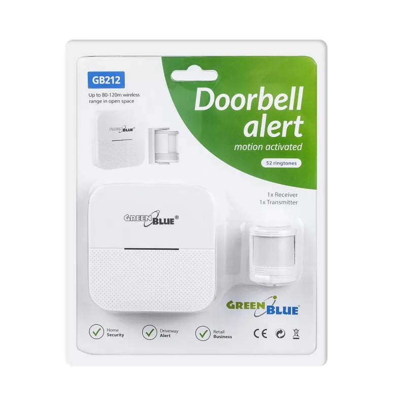 GreenBlue GB212 Bezvadu ieejas signālierīce, kustības sensors 52 melodijas, balta, 230V, max. 8 sensori