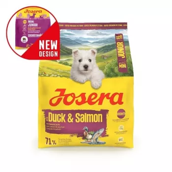 Sausā suņu barība JOSERA Mini Junior Duck & Salmon 900 g — mazu šķirņu kucēniem, olbaltumvielas 29%, tauki 18%