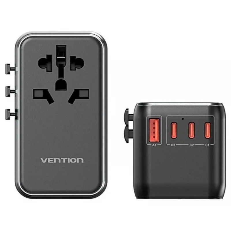 Lādētājs Vention FJGB0 100W GaN ar 3× USB-C un 1× USB-A, melns