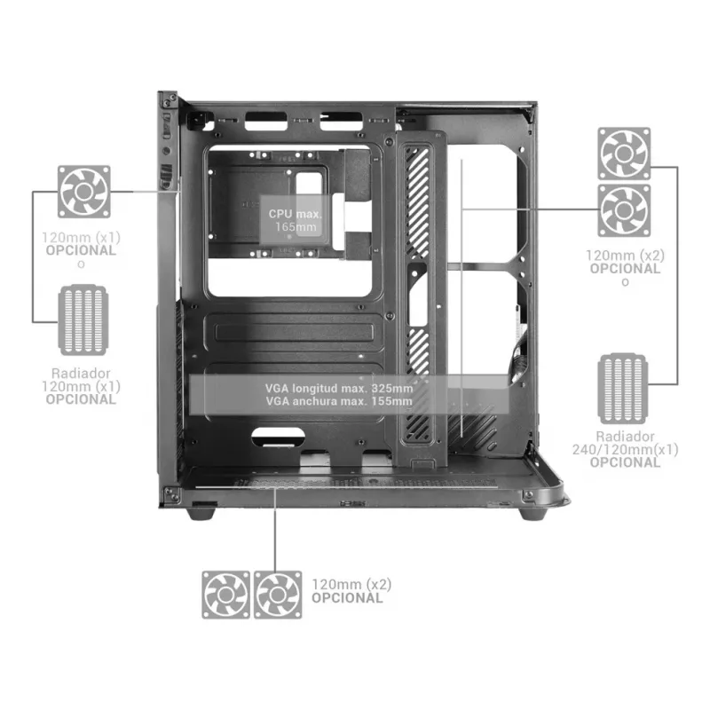 PC Midi Tower Case TACENS Mars Gaming MC-INFINIOLITE, Melns, Rūdīts stikls, atbalsta ATX/Micro-ATX/Mini-ITX, 120 mm ventilatori