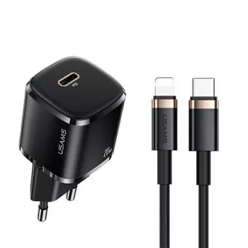 usams phone charger 1x USB-C T36 + Lightning PD — kompakts PD lādētājs ar USB-C un Lightning