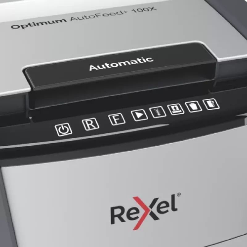 Papīra smalcinātājs REXEL Optimum AutoFeed+ 100X — 100 lokšņu automātiskā padeve, 4 x 28 mm šķērsgriezums, 34 L tvertne, alumīnijs
