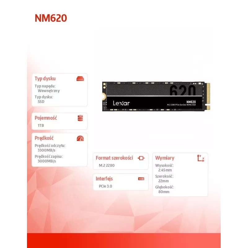SSD disks Lexar NM620 1TB NVMe M.2 2280, 3300/3000MB/s