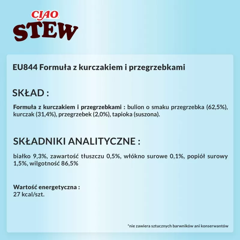 Slapjie kaķu našķi INABA Ciao Stew vista un vēžveidīgais jūras gliemezis paciņa 40 g — bez graudiem, pieaugušiem kaķiem, gaļīgi