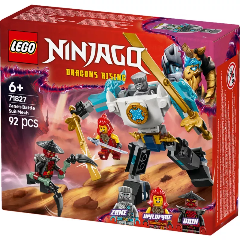 LEGO NINJAGO komplekts 71827 Zane kaujas tērpa mehs, 92 detaļas, 2 minifigūras, augstums 100 mm, vecumam 6+