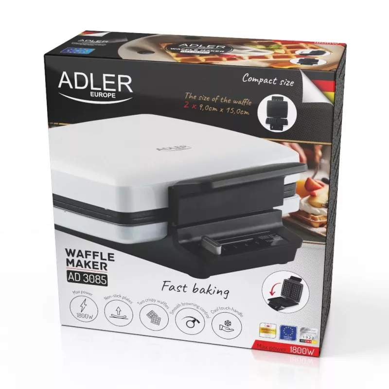 Vafeļu panna Adler AD 3085 — 1200 W, 2 taisnstūra vafeles 9×13 cm, regulējama temperatūra, nepiedegošas plāksnes