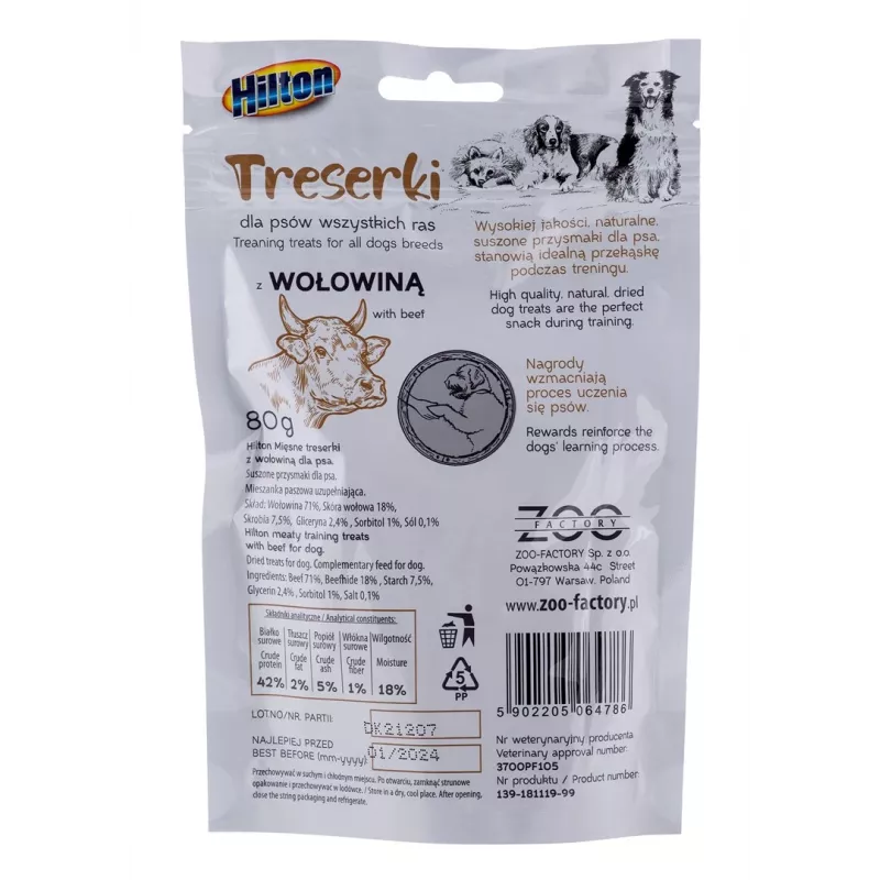Suņu treniņu kārumi Hilton Treaning treats Beef 80 g — mīksti, kodumiem lieluma liellopu gaļas našķi, proteīns 42%, mitrums 18%