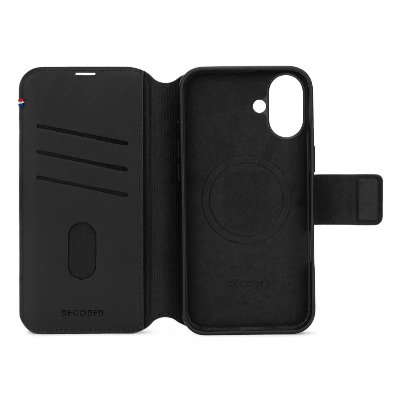 Ādas maciņš iPhone 16, melns