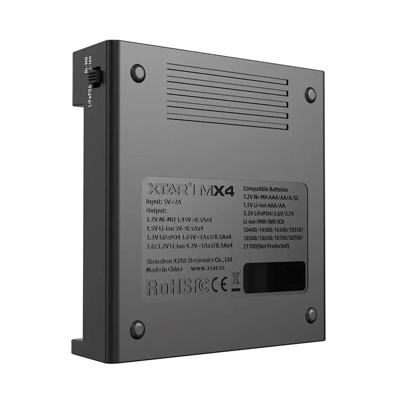 Baterijas lādētājs XTAR MX4 4 vietu universāls Li-ion NiMH USB-C, melns, atbalsta 4 baterijas