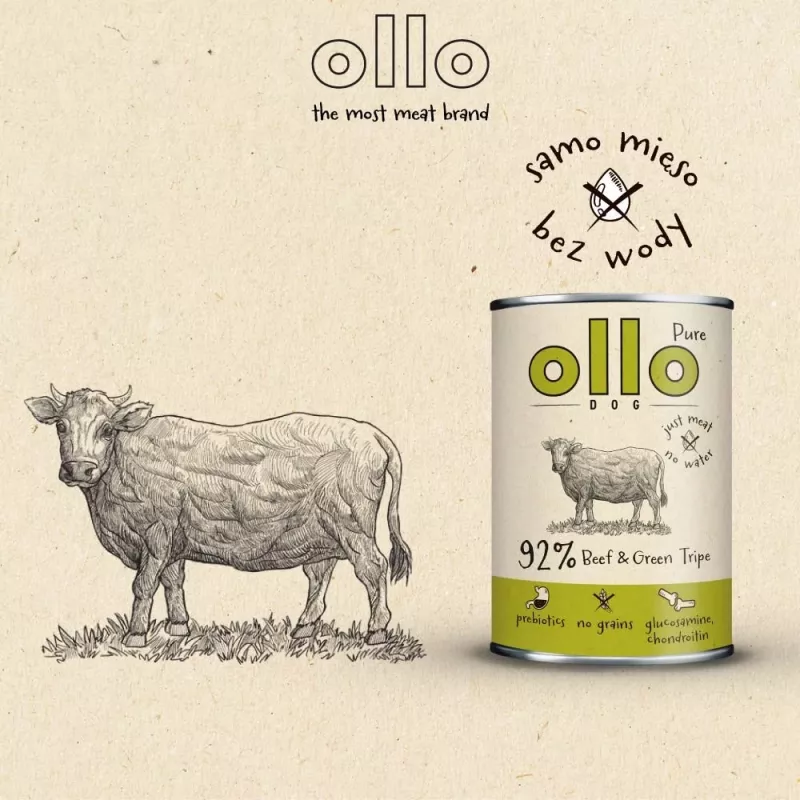 Slapjā suņu barība OLLO Pure Beef and zaļa Tripe 400 g bundža — pieaugušiem suņiem, olbaltumvielas 14,5%, tauki 11,9%, mitrums 69%