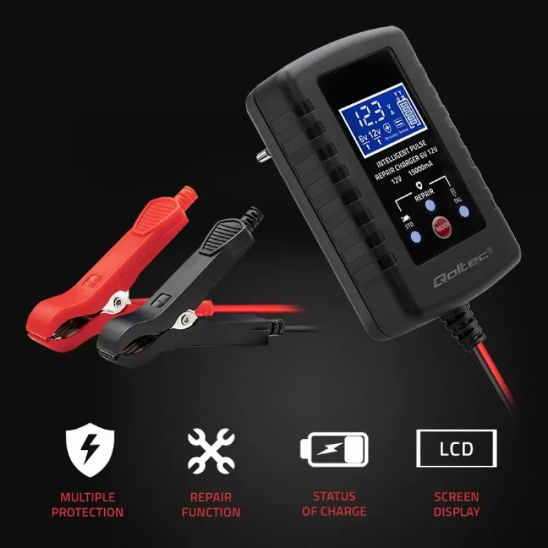 Bateriju lādētājs QOLTEC 52426 AGM/GĒLA/STANDARTA baterijām 6V/12V 2A ar LED displeju