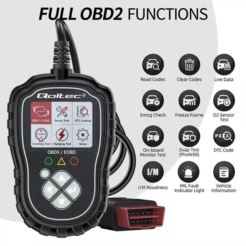 OBDII diagnostikas testētājs QOLTEC ProLine 50685 — transportlīdzekļa OBD-II skeneris 8V/25V sistēmām