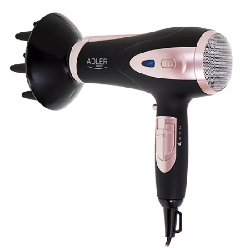 Adler | Matu žāvētājs | AD 2248b ION | 2200 W | Temperatūras iestatījumu skaits 3 | Jonu funkcija | Difuzora sprausla | Melns/Rozā