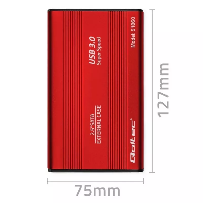 HDD/SSD korpuss QOLTEC 51860 2,5 collu SATA III diskdziņiem, USB Type-A, 5 Gbit/s, alumīnijs, sarkans