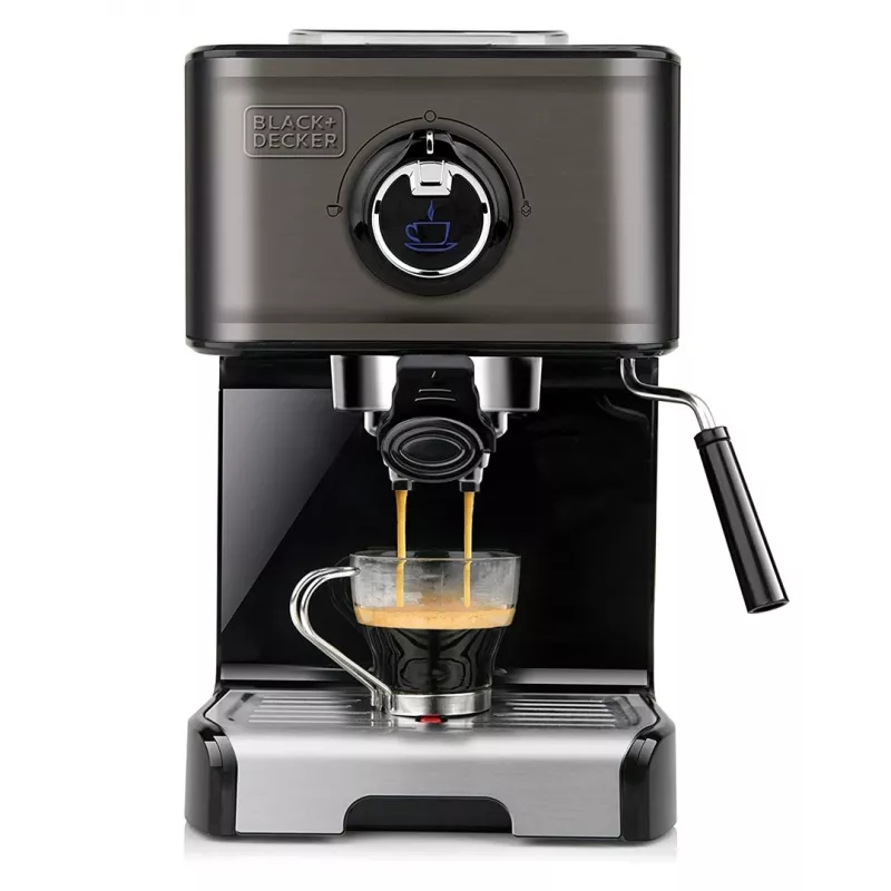 Espresso kafijas automāts Melns & Decker BXCO1200E — 1200 W, 15 bāri, 1,2 L ūdens tvertne, 2 tasītēm, iebūvēts piena putotājs, galda virsmai, sudraba krāsā