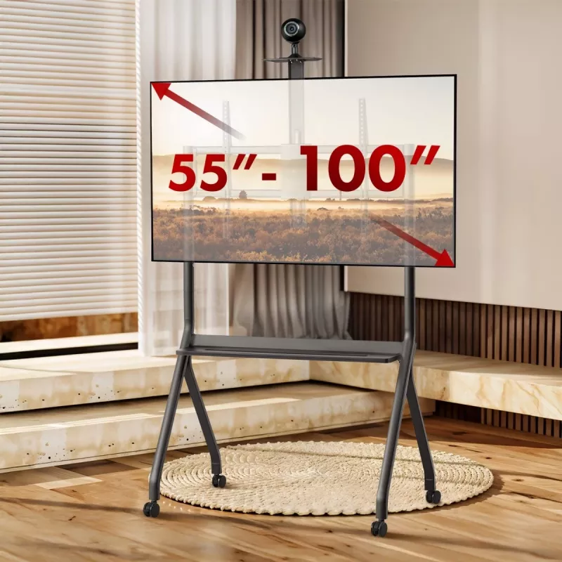 TV statīvs MACLEAN MC-114 B pārnēsājams grīdas statīvs 55–100 collu ekrāniem, maksimālā slodze 120 kg, VESA 200x200–900x600, augstums 115–152 cm, melns, plaukts
