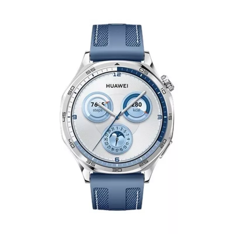 Viedpulkstenis HUAWEI WATCH GT5 46mm — 1,43 collu AMOLED, GPS, 524 mAh, nerūsējošā tērauda korpuss, zila austa siksniņa