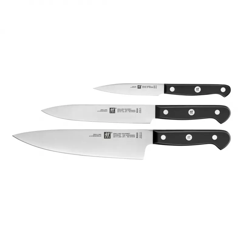 Nažu komplekts ZWILLING Gourmet 3 gab. — kalti tērauda asmeņi 10/16/20 cm, melni plastmasas rokturi, droši mazgājami trauku mašīnā
