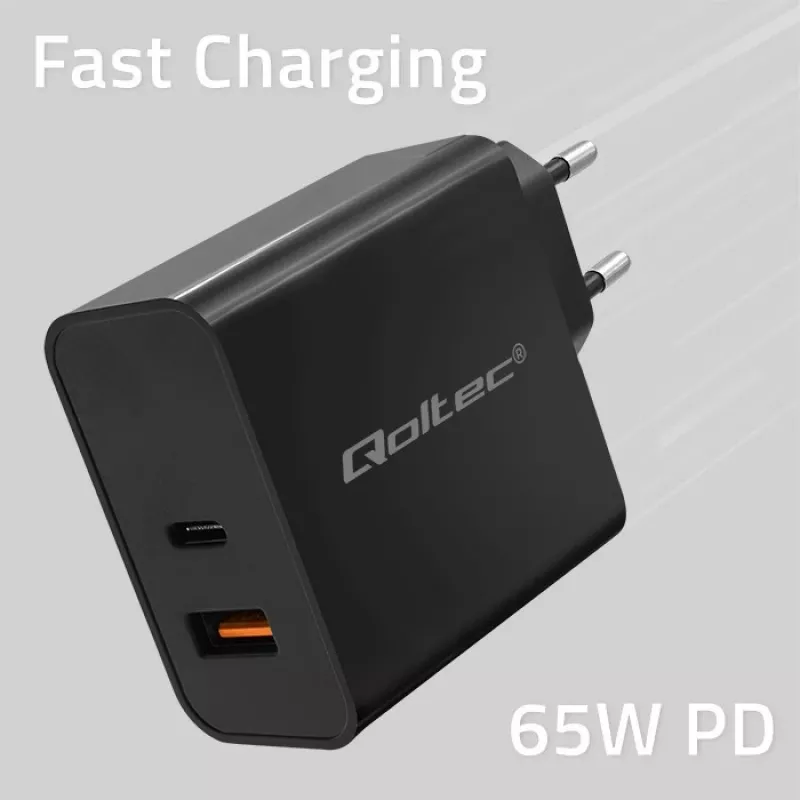 Qoltec 52380 Super Quick PD lādētājs | 1xUSB-C | 1xUSB | 65W | 5-20V | 1.5-3.25A | Melns