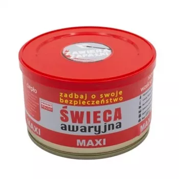 Avārijas izdzīvošanas svece FULER HASKE Pro MAXI 410 g — dabīgs sojas vasks, 72 st degšanas laiks, 99 mm × 65 mm, tērauda bundža