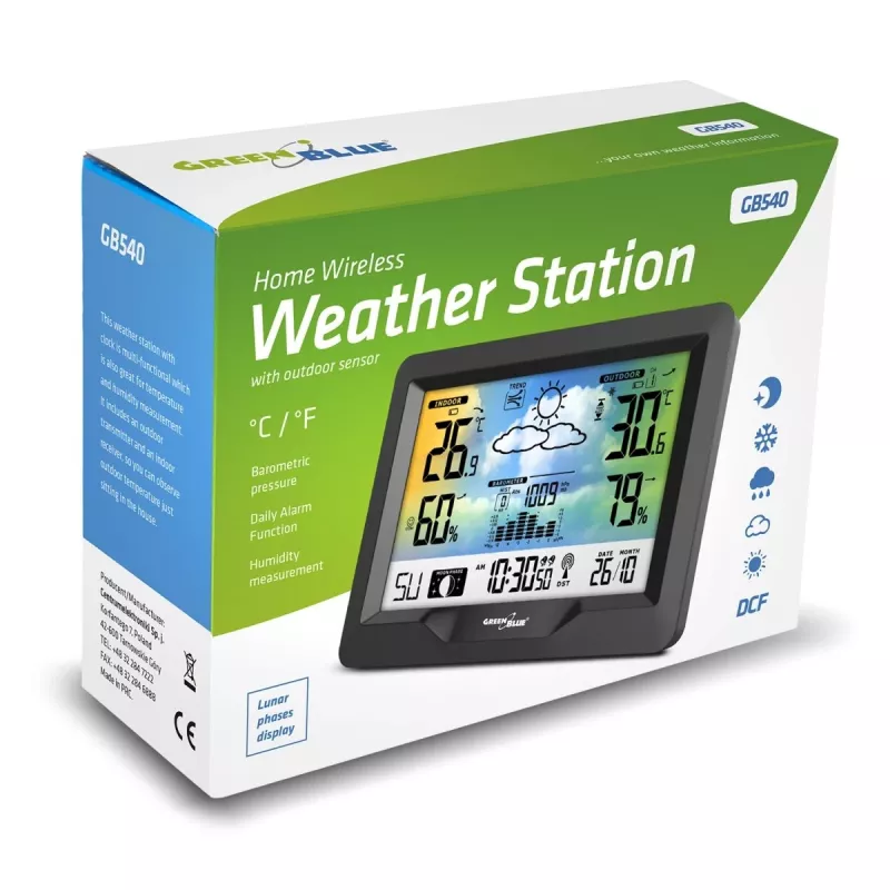 Hygrometer Thermometer GreenBlue GB540 — indoor 0–50°C / outdoor -20–65°C, DCF pulkstenis, āra sensors 60 m, melns