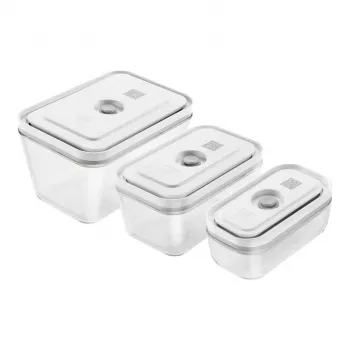 ZWILLING Fresh & Save 36803-003-0 taisnstūra stikla vakuuma trauku komplekts, 3 gab. (S/M/L, 0,35/0,75/1,6 L), borosilikāts, piemērots mikroviļņu krāsnij/cepeškrāsnij/trauku mazgājamai mašīnai, pelēks/caurspīdīgs