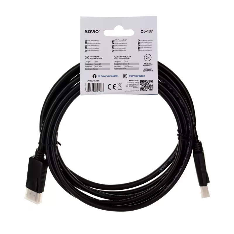 Savio CL-137 DisplayPort kabelis 3 m Melns