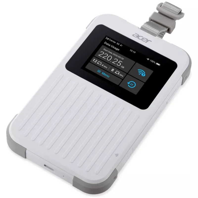 Portatīvais maršrutētājs Acer Connect M6E ar 20 GB, divjoslu (2,4 GHz + 5 GHz vai 2,4 GHz + 6 GHz), Wi‑Fi 6E, 5G, IP68, 2x2 iekšējās antenas, 4 GB operatīvā atmiņa, 2,5 GHz centrālais procesors