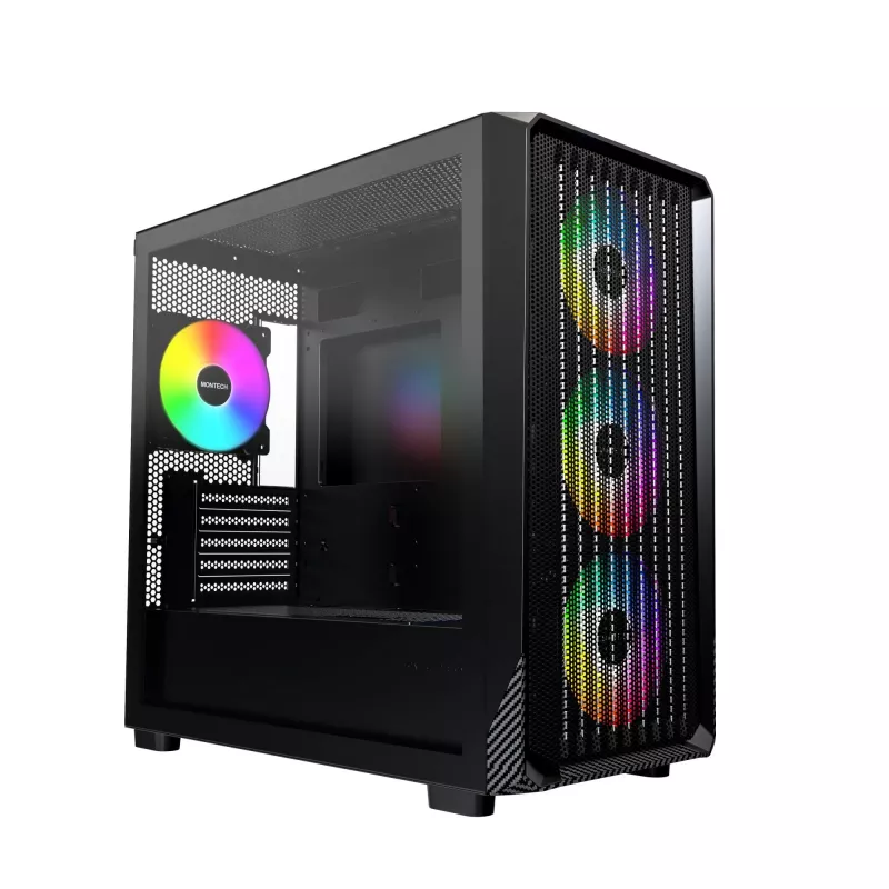 Montech X5M (B) Micro Tower PC korpuss — Micro‑ATX/Mini‑ITX, 3x120mm priekšā, 1x120mm aizmugurē, atbalsta ATX barošanas bloku, 2x3.5 collu + 4x2.5 collu, Melns