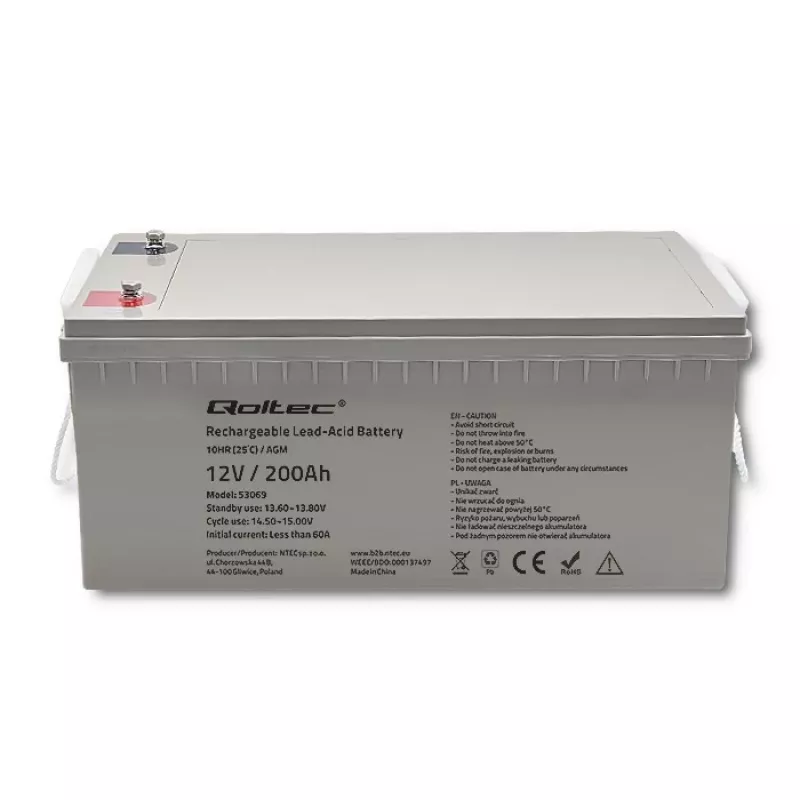 Uzlādējams AGM akumulators QOLTEC 53069 12V 200Ah rezerves barošanai un UPS sistēmām