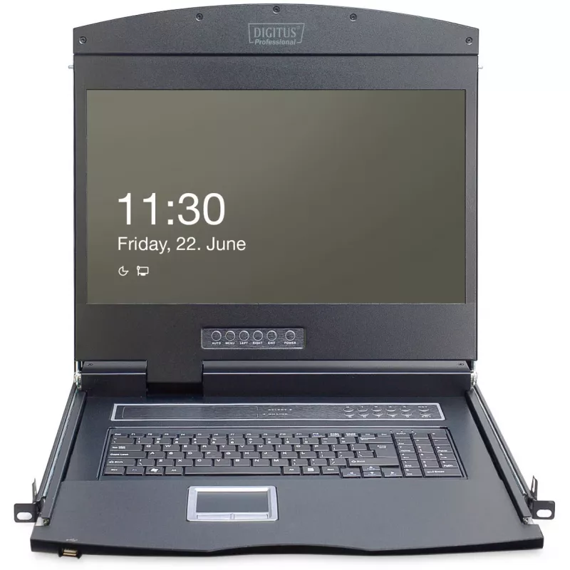 19 collu LCD KVM konsole DIGITUS DS-72211-5US, 16 portu Cat 5, 1366x768, US International tastatūra