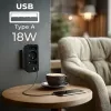 Strāvas sadalītājs MACLEAN MCE248 F/B — 3 maiņstrāvas rozetes (1x16A, 2x6A) un 4 USB porti (2xUSB‑A, 2xUSB‑C PD 20W), ES spraudnis, melns