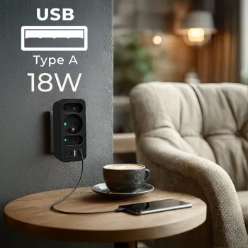 Strāvas sadalītājs MACLEAN MCE248 F/B — 3 maiņstrāvas rozetes (1x16A, 2x6A) un 4 USB porti (2xUSB‑A, 2xUSB‑C PD 20W), ES spraudnis, melns