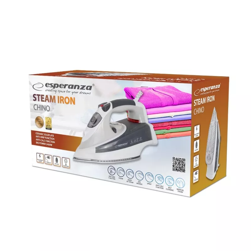 Tvaika gludeklis ESPERANZA CHINO EHI009 — sausā un tvaika gludināšana, 0,3 l tvertne, keramikas zole, 220–240 V, 50–60 Hz, 1,5 m vads