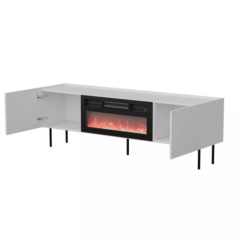 TV skapis cama meble LUCCA 180x40x59 cm, balta virsma un rāmis, melns elektriskais kamīns