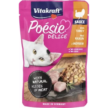 Mitrā kaķu barība Vitakraft Poésie Delice tītars 85 g — pieaugušu kaķu mitrā barība maisiņā, olbaltumvielas 8%, tauki 4,5%