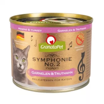 Mitrā kaķu barība Fox4Pets Symphonie No.2 ar garnelēm un tītaru 200 g, pilnvērtīga barība pieaugušiem kaķiem, olbaltumvielas 11%, tauki 5,7%, mitrums 80%