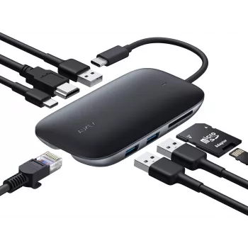 Klēpjdatora dokstacija AUKEY CB-C71 — 3x USB‑C (USB 3.2 Gen1), HDMI, RJ‑45, MicroSD, USB PD 100W, 0,15 m kabelis, melna