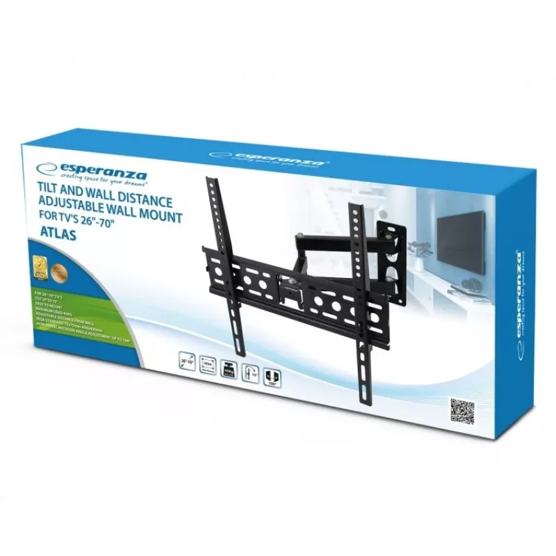 Wall TV mount ESPERANZA ERW016 for 70 inch TVs, Melns, 45 kg capacity, VESA 75x75–400x400, tilt 15°
