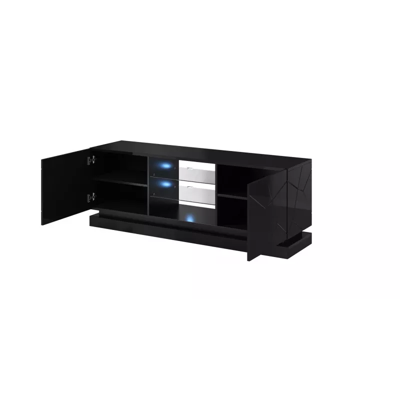 TV statīvs cama meble QIU 160 — MDF melns spīdīgs, 1600×420×570 mm