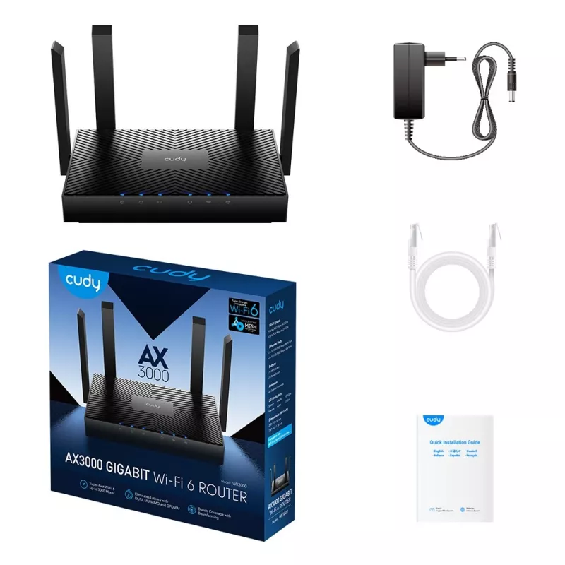 Cudy WR3000 bezvadu maršrutētājs Gigabit Ethernet Divjoslu (2.4 GHz / 5 GHz) Melns