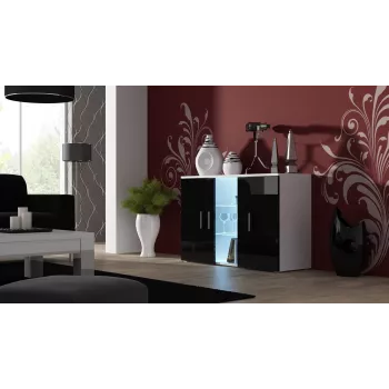 Bufete Cama Meble SOHO S7 120 cm — 3 durvis, 4 plaukti, balta virsma, melns spīdums