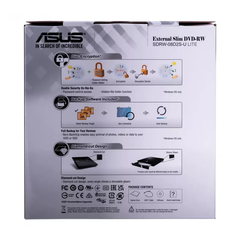 Ārējais DVD±RW optiskais diskdzinis ASUS SDRW-08D2S-U Lite, USB 2.0, melns, 24x CD / 8x DVD, 142×142×20 mm