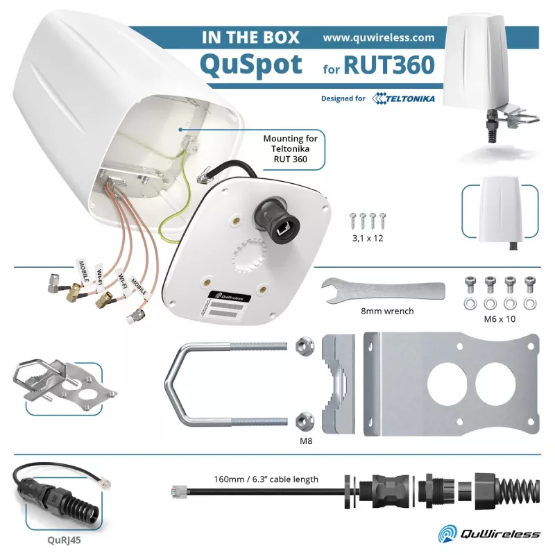 Daudzvirzienu tīkla antena QuWireless QuSpot A360S — PoE/LAN, 6 dBi, 0,694–2,7 GHz, vertikālā polarizācija
