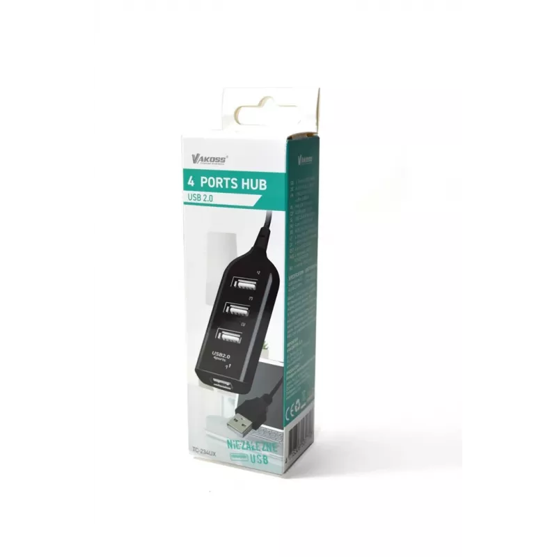 VAKOSS USB centrmezgls TC-234UX — 4 portu USB 2.0 centrmezgls, līdzstrāvas barošana (5V, 1A), melns