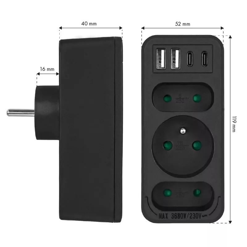 Strāvas sadalītājs MACLEAN MCE248 F/B — 3 maiņstrāvas rozetes (1x16A, 2x6A) un 4 USB porti (2xUSB‑A, 2xUSB‑C PD 20W), ES spraudnis, melns