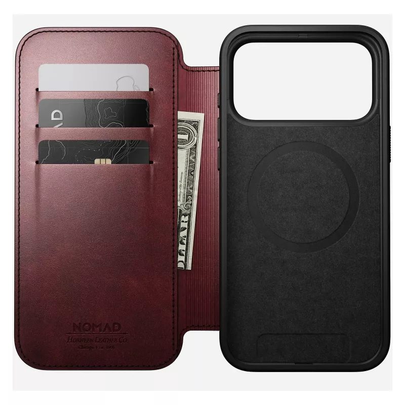 Mobilā tālruņa vāciņš Nomad Modern Leather Folio iPhone 17 Pro Max — āda, TPU, PC, alumīnijs, bordo, 16 cm (6,3 collas)