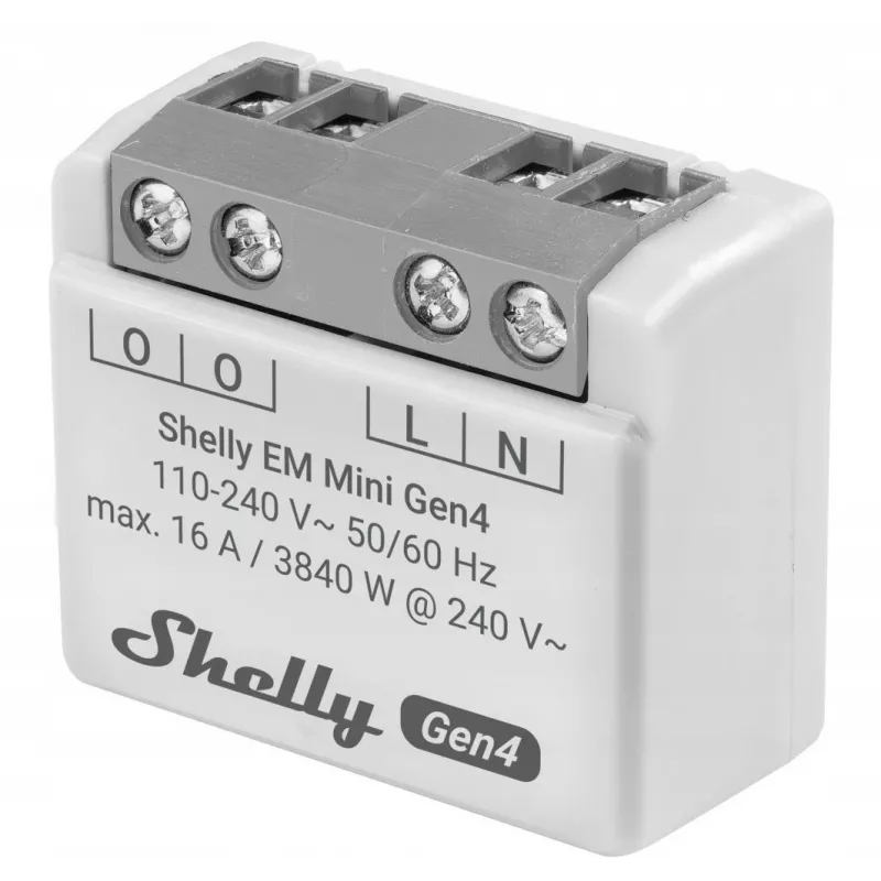 Viedais relejs Shelly Relay EM Mini Gen4 1 kanāla Wi‑Fi Matter Zigbee Bluetooth 8A, 110–240V, enerģijas skaitītājs
