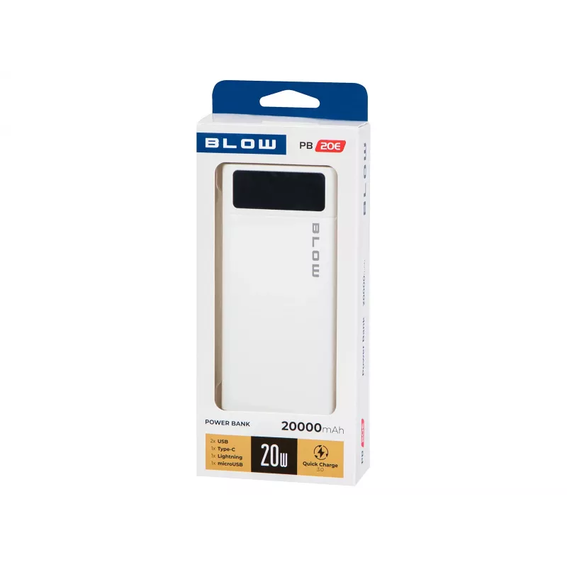 Portable Power Bank BLOW PB20E 20000mAh QC+PD 20W with USB-C, 2×USB-A, Lightning input, polymer battery